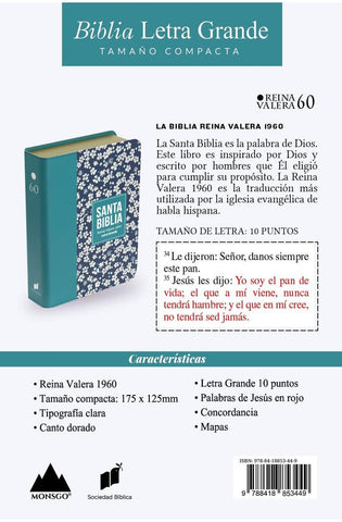 Image of Biblia RVR 1960 Compacta Símil Piel Flores Azul Verde