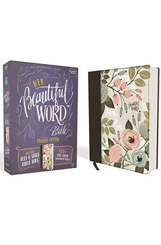 Image of NIV Beautiful Word Bible Updated Edition Peel/Stick Bible Tabs Cloth over Board Floral Red Letter Comfort Print: 600+ Full-Color Illustrated Verses