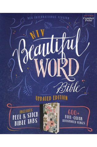 Image of NIV Beautiful Word Bible Updated Edition Peel/Stick Bible Tabs Cloth over Board Floral Red Letter Comfort Print: 600+ Full-Color Illustrated Verses