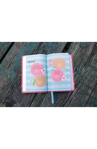 Image of NIV, Girls' Ultimate Backpack Bible, Faithgirlz Edition, Compact, Flexcover, Coral, Red Letter, Comfort Print