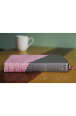 Image of NIV, Personal Size Bible, Large Print, Leathersoft, Pink/Gray, Red Letter, Thumb Indexed, Comfort Print