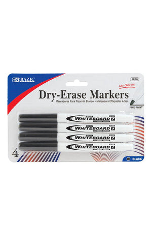 BAZIC Black Fine Tip Dry-Erase Markers (4/Pack)