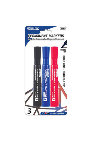 BAZIC Assorted Colors Chisel Tip Desk Style Permanent Markers (3/Pack)