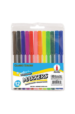 BAZIC 12 Classic Colors Fine Line Washable Markers