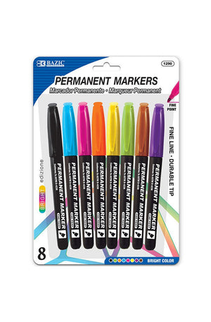 BAZIC Bright Colors Fine Tip Permanent Markers w/ Pocket Clip (8/Pack)
