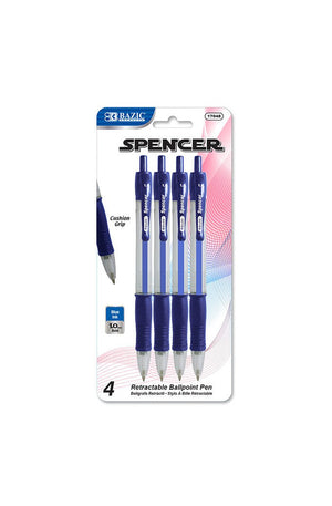 BAZIC Spencer Blue Retractable Pen w/ Cushion Grip (4/Pack)