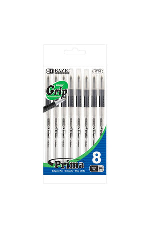 BAZIC Prima Black Stick Pen w/ Cushion Grip (8/Pack)