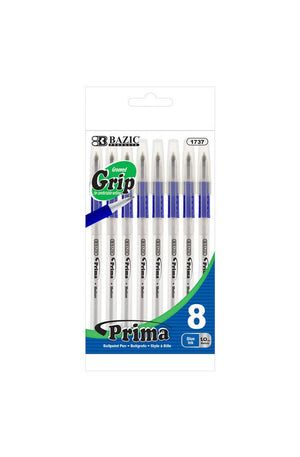 BAZIC Prima Blue Stick Pen w/ Cushion Grip (8/Pack)