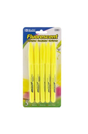 BAZIC Yellow Pen Style Fluorescent Highlighters w/ Pocket Clip (5/Pack)