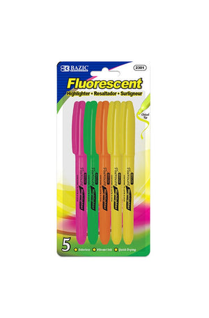 BAZIC Pen Style Fluorescent Highlighters w/ Pocket Clip (5/Pack)