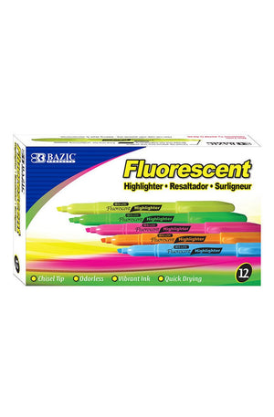 BAZIC Pen Style Fluorescent Highlighters w/ Pocket Clip (12/Box)