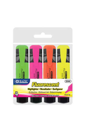 BAZIC Fluorescent Highlighters w/ Pocket Clip (4/Pack)