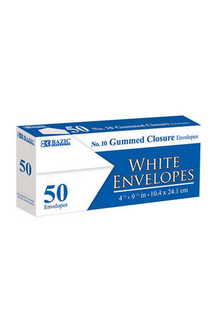BAZIC #10 White Envelopes w/ Gummed Closure (50/Pack)
