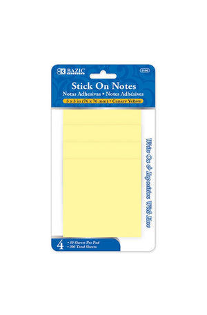 BAZIC 50 Ct. 3 X 3" Yellow Stick On Notes (4/Pack)"
