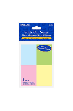 BAZIC 100 Ct. 1.5 X 2" Stick On Notes (4/Pack)"