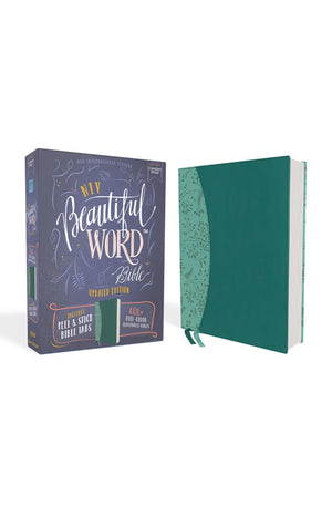 NIV Beautiful Word Bible Updated Edition Peel/Stick Bible Tabs Leathersoft Teal Red Letter Comfort Print: 600+ Full-Color Illustrated Verses