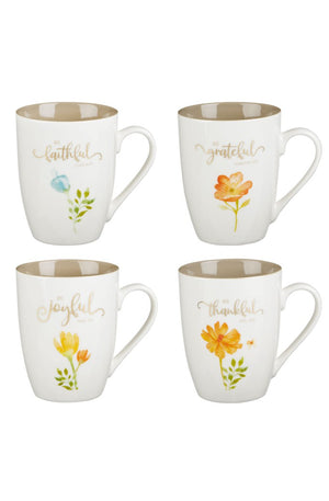 Ceramic Coffee or Tea Mug Set for Women, Be Grateful, Faithful, Thankful, Joyful Bible Verse Mug Set, Boxed Set of 4 Coffee Cups
