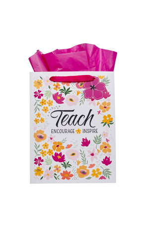 Large Portrait Inspirational Scripture Gift Bag, Tag & Wrapping Tissue Paper Set for Teachers & Women: Teach, Encourage, Inspire Bible Verse, White, Pink, Orange Multicolor Floral