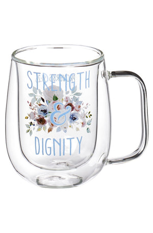 Double Wall Insulated Clear Glass Coffee and Tea Mug for Women: Strength and Dignity - Proverbs 31:25 Inspirational Bible Verse, Hot and Cold Beverage with Handle, Pink, 10 oz.