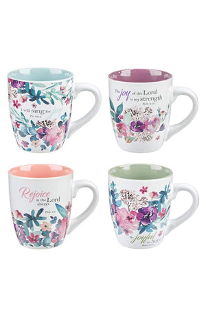 Ceramic Coffee or Tea Mug Set for Women, Rejoice Watercolor Flowers Design Bible Verse Mug Set, Boxed Set of 4 Coffee Cups