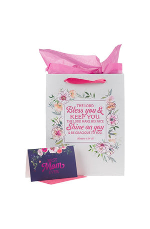 Large Portrait Scripture Gift Bag w/Blank Card & Wrapping Tissue Paper Set for Moms: Lord Bless You Inspirational Bible Verse, Best Mom Ever Greeting for Mother's Day, Birthday,