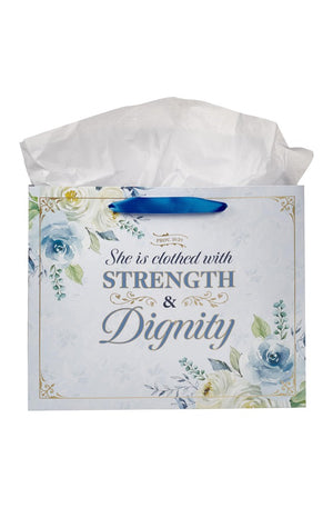 Large Landscape Scripture Gift Bag, Tag & Wrapping Tissue Paper Set for Women: Strength & Dignity Inspirational Bible Verse, Cute Elegant Florals, Gold Foil, Satin Handles, Blue