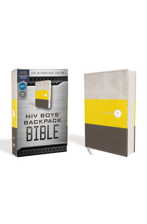 NIV Boys' Backpack Bible Compact Leathersoft Yellow/Gray Red Letter Comfort Print