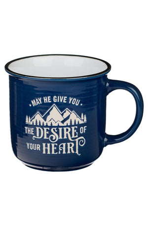 Dark Blue Ceramic Camper Mug for Men and Women | Desires of Your Heart - Psalm 20:4 Inspirational Bible Verse, 13 oz.