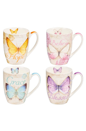 Botanic Butterfly Blessings Coffee/Tea Mug Set w/Scripture Teal Grace Butterfly, Purple Blessed Butterfly, Pink Believe Butterfly, Yellow Hope Butterfly, Microwave/Dishwasher Safe
