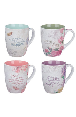 Ceramic Coffee/Tea Mug Set for Women | Vintage Botanic Floral Inspirations Design Bible Verse Mug Set | Boxed Set/4 Coffee Cups