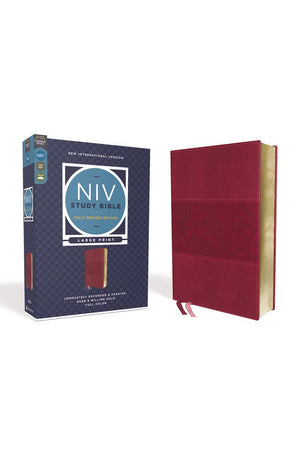 NIV Study Bible Fully Revised Edition (Study Deeply. Believe Wholeheartedly.) Large Print Leathersoft Burgundy Red Letter Comfort Print