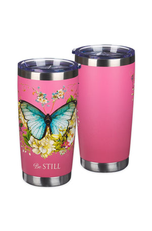 Stainless Steel Double Wall Vacuum Insulated Travel Mug 18 oz Butterfly Pink BPA-free Tumbler with Retractable Lid Inspirational Scripture for Women - Be Still -Psalm 46:10