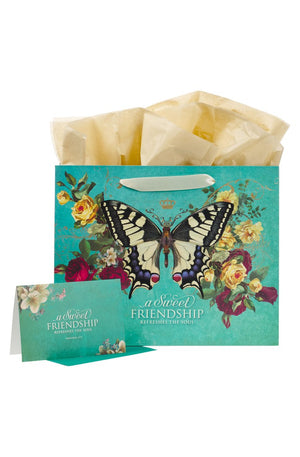 Large Landscape Scripture Gift Bag for Women & Friends w/Card & Tissue Paper Set: Sweet Friendship - Prov. 27:9 Inspirational Bible Verse, Butterfly Multicolor Floral, Teal & Gold