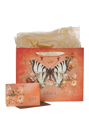 Large Landscape Scripture Gift Bag for Women w/Greeting Card & Tissue Paper Set: Grace - Eph. 2:8 Inspirational Bible Verse, Butterfly Multicolor Floral w/Shiny Gold, Deep Orange