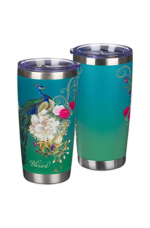 Stainless Steel Double Wall Vacuum Insulated Tumbler 18 oz Peacock Teal Travel Mug with Retractable Lid Inspirational Bible Verse for Women - Blessed Faith -Jeremiah 17:7