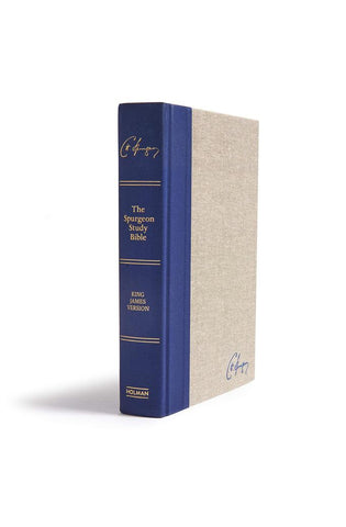Image of KJV SPURGEON STUDY BIBLE, NAVY/TAN CLOTH OVER BOARD, BLACK LETTER, PURE CAMBRIDGE TEXT, STUDY NOTES AND COMMENTARY, QUOTES, SERMONS OUTLINES, EASY-TO-READ BIBLE MCM TYPE
